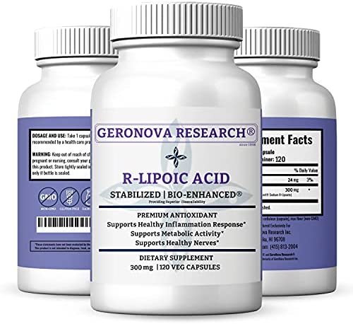 GeroNova Research R Lipoic Acid 300mg 120 Caps - Premium R Alpha Lipoic Acid 300mg Capsules, Stabilized, Bio-Enhanced, Antioxidant for Nerve Pain & Inflammation Support, Increases Glucose Uptake and Boost Energy Production