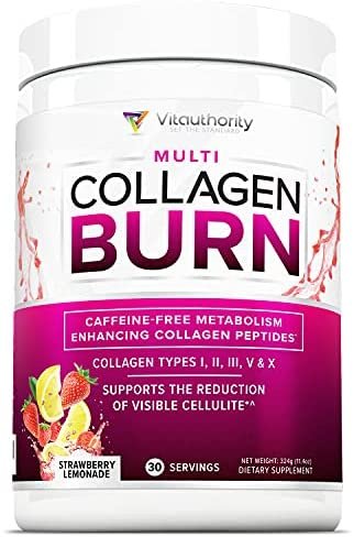 Multi Collagen Burn: Multi-Type Hydrolyzed Collagen Protein Peptides with Hyaluronic Acid, Vitamin C, SOD B Dimpless, Types I, II, III, V and X Collagen, Caffeine-Free (Strawberry Lemonade)