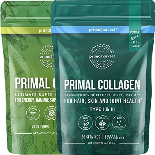 Super Greens & Collagen Powder Supplements for Women and Men by Primal Harvest - Superfood Greens Powder and Collagen Peptides Powder for Hair, Skin, and Nails Bundle